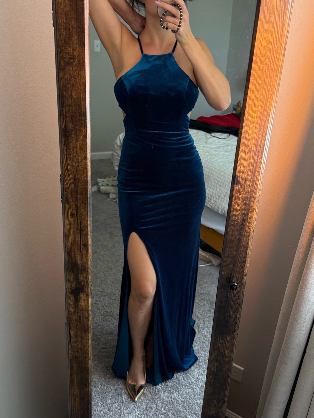 La Femme Deep Teal Velvet Halter Gown with High Slit